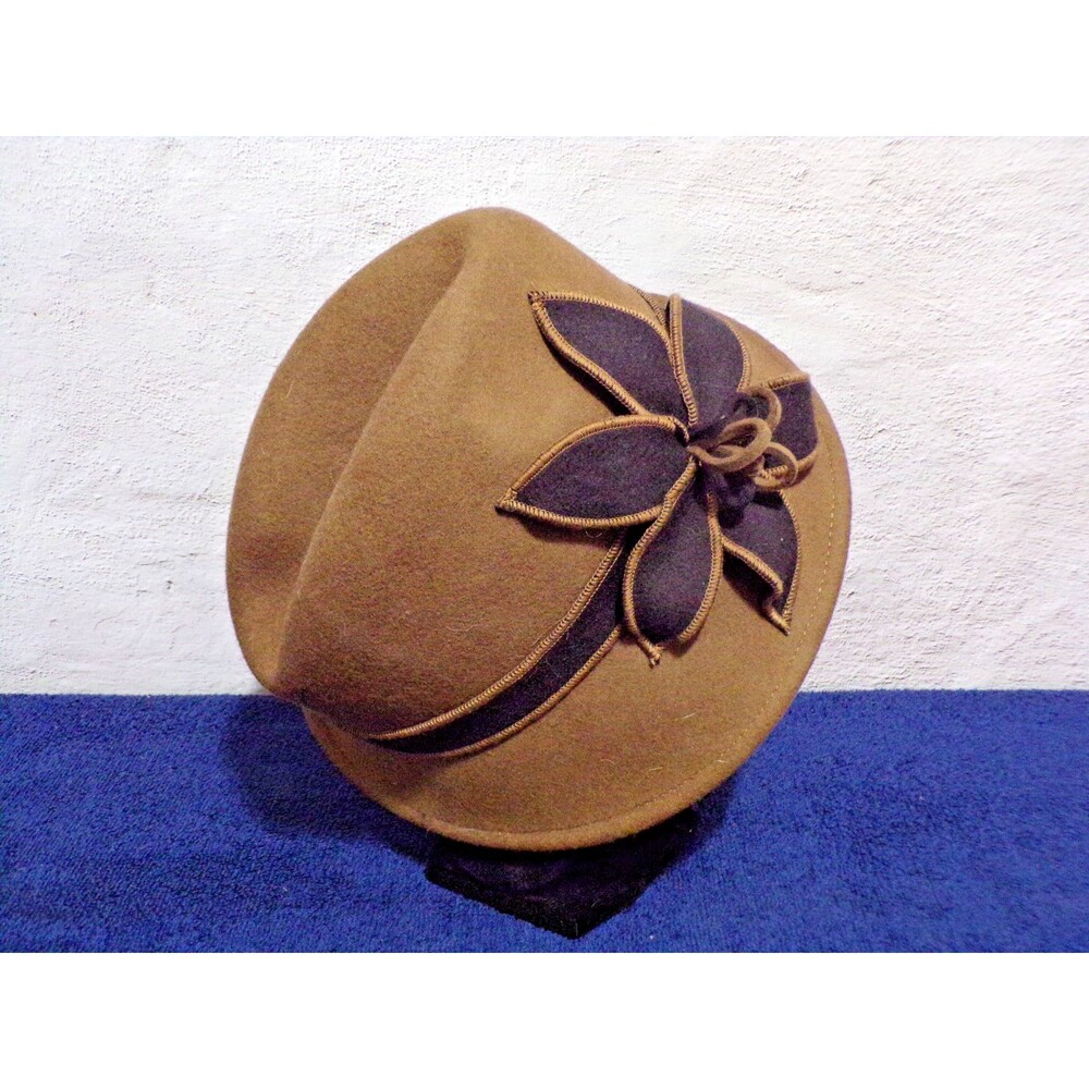Vintage Ladies 100% Wool Fashion Hat with Bow‎ 11" x 8" Brown & Black